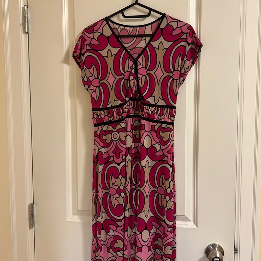 Pink Beige Black Short Sleeve V Neck Abstract Pattern Maxi Dress